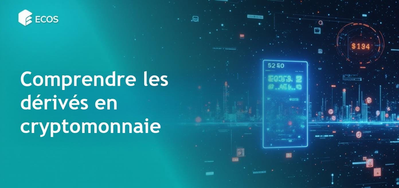 Une image représentant les instruments financiers associés aux cryptomonnaies, incluant des graphiques et des symboles de dérivés.