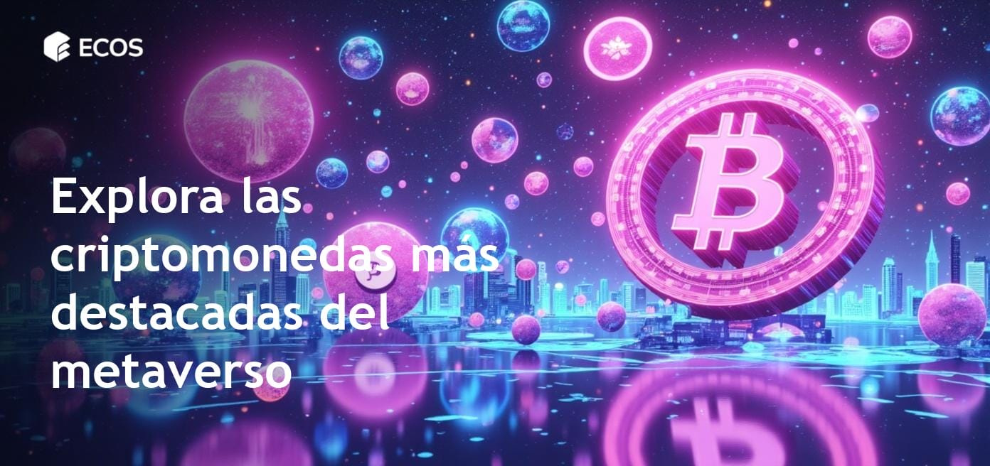 Representación vibrante de las criptomonedas del metaverso, destacando los elementos de Sandbox, Mana y terrenos virtuales en un paisaje digital.