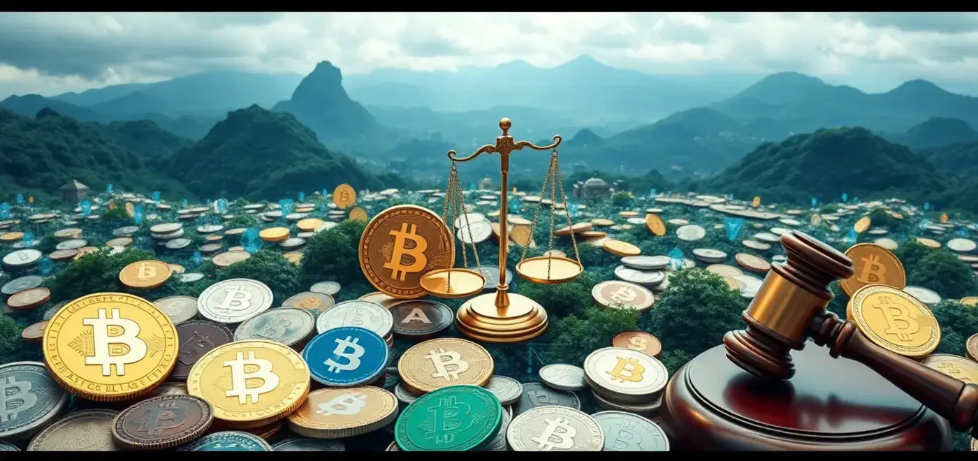 Una compleja representación de documentos legales con símbolos de criptomonedas, reflejando la demanda y las regulaciones de la SEC que impactan en los intercambios.