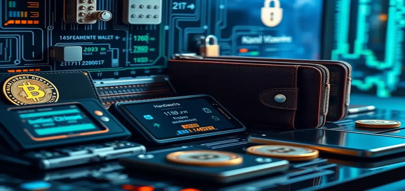 Ein fotorealistisches Bild, das verschiedene Arten von Krypto-Brieftaschen zeigt, einschließlich Hardware-Brieftaschen, mobiler Brieftaschen und Desktop-Brieftaschen mit Symbolen, die sichere Transaktionen darstellen.