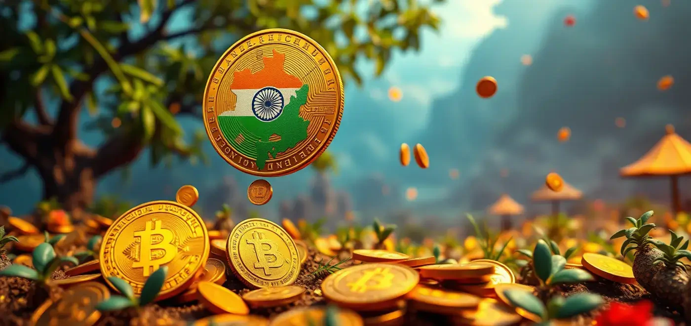 Eine detaillierte Infografik, die das Wachstum des indischen Krypto-Marktes darstellt und indische Börsen sowie Rupiah-Handelstrends hervorhebt.