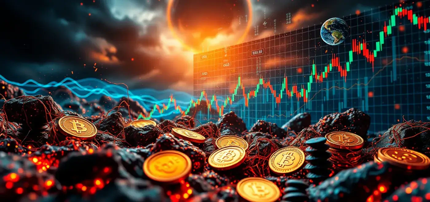 Imagen que ilustra el ascenso y la caída de Terra (LUNA) con representaciones gráficas del colapso de luna, despegue de UST y el concepto de stablecoins algorítmicas