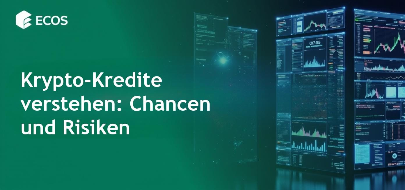 Eine Person analysiert Krypto-Kreditvergabe-Diagramme und Grafiken auf mehreren Bildschirmen, die Krypto-Kredite und Zinsgewinne zeigen.