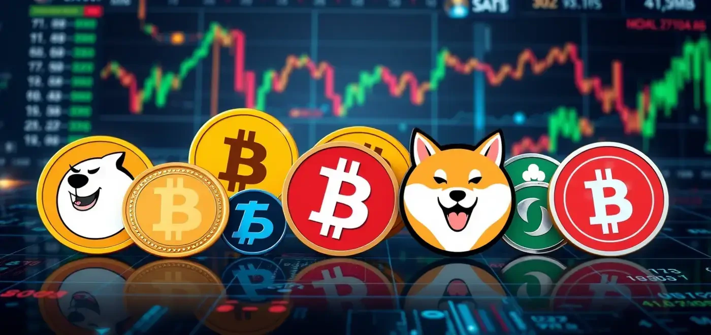 Визуальное представление мемных монет, таких как Dogecoin и Shiba Inu, демонстрирующее их потенциал и вовлечённость сообщества в рынках криптовалют.