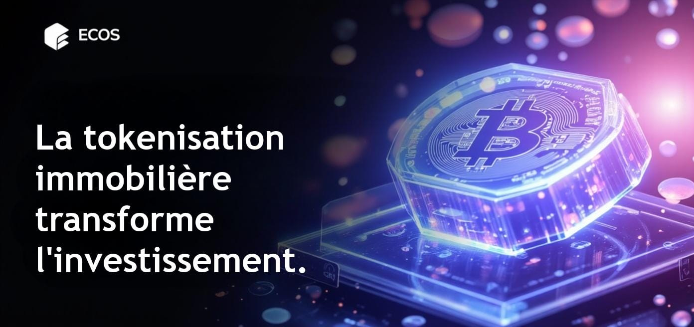 Une image conceptuelle illustrant la tokenisation immobilière avec des NFT de propriété et des visuels de blockchain, soulignant les jetons d'actifs numériques.