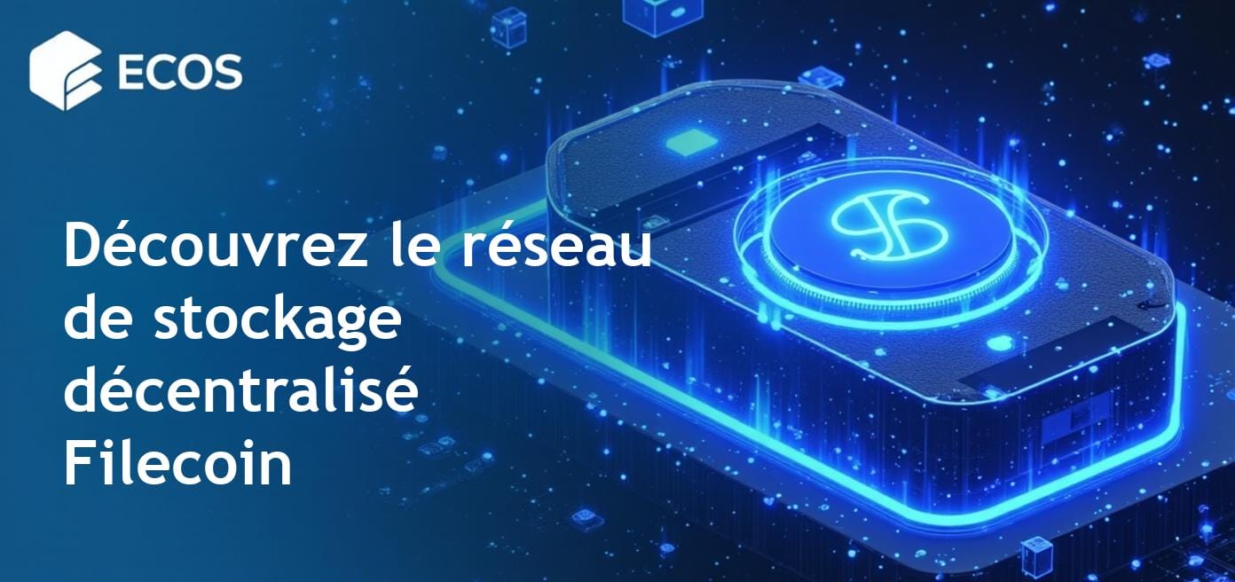 Représentation de Filecoin, un réseau de stockage décentralisé basé sur la blockchain, illustrant ses caractéristiques et son architecture technologique.