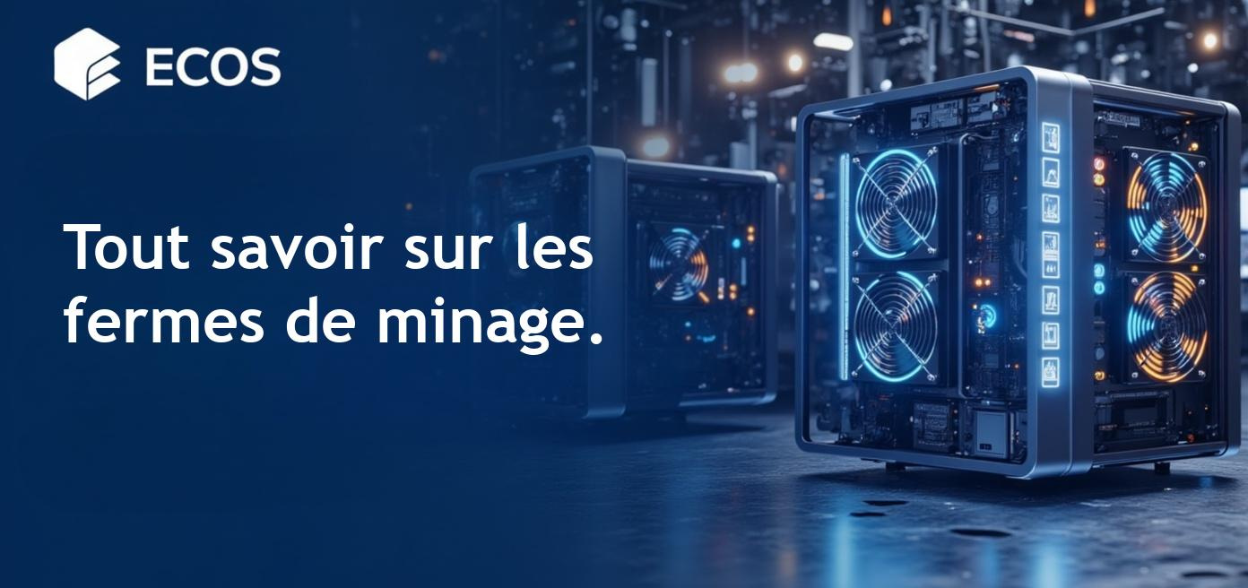 Types de fermes de minage pour la cryptomonnaie avec diverses machines et leurs composants clés.