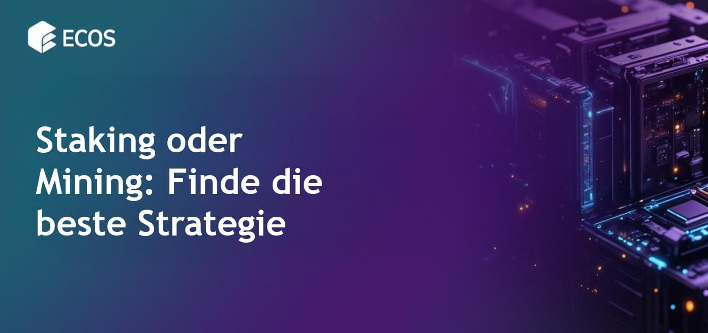 Eine informative Grafik, die die Unterschiede zwischen Staking und Mining in der Kryptowährung veranschaulicht, und belohnt Staking und Mining-Hardware hervorhebt.