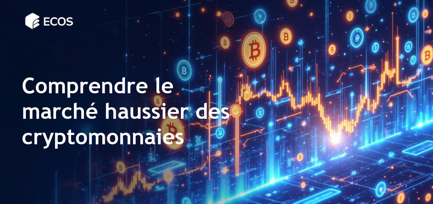 Une illustration représentant le concept de marché haussier en cryptomonnaies, avec des graphiques en hausse et des symboles de Bitcoin.