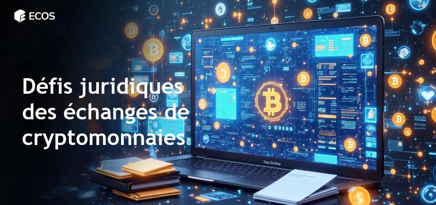 Une représentation complexe de documents juridiques avec des symboles de cryptomonnaie, illustrant les défis légaux et les règlements de la SEC impactant les échanges.
