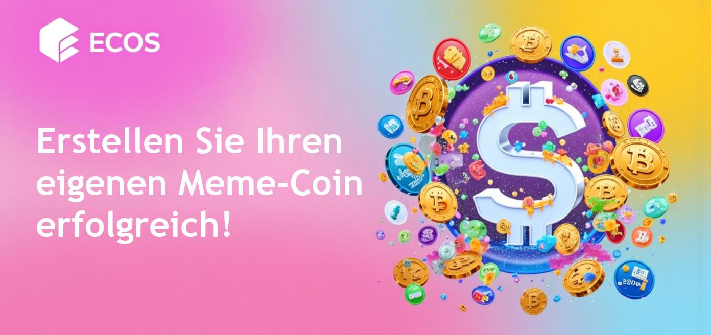 Das Bild zeigt eine graphische Darstellung eines Meme-Coins im Kryptowährungsmarkt, umgeben von verschiedenen kulturellen Elementen und Memes.