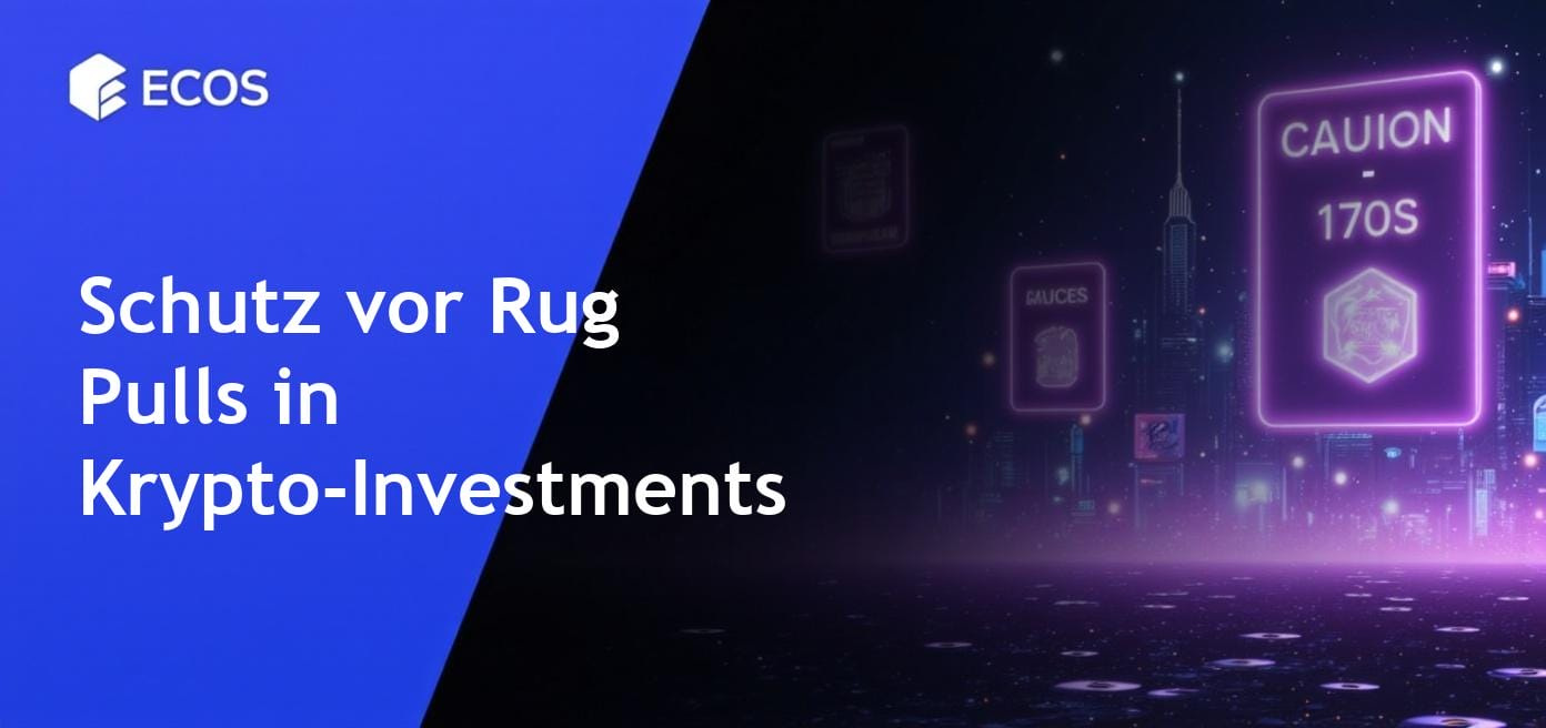 Grafische Darstellung der Risiken von Kryptowährungen, die Rug Pulls und Strategien zum Schutz von Investoren hervorhebt. Elemente beinhalten Warnzeichen und Diagramme.
