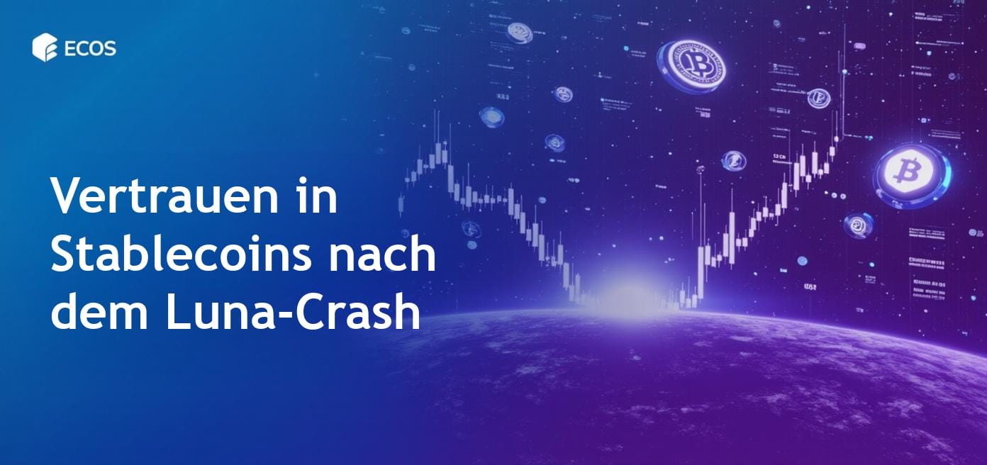 Bild, das den Aufstieg und Fall von Terra (LUNA) mit grafischen Darstellungen des Luna-Crashes, UST-Verringerung und dem Konzept algorithmischer Stablecoins illustriert.
