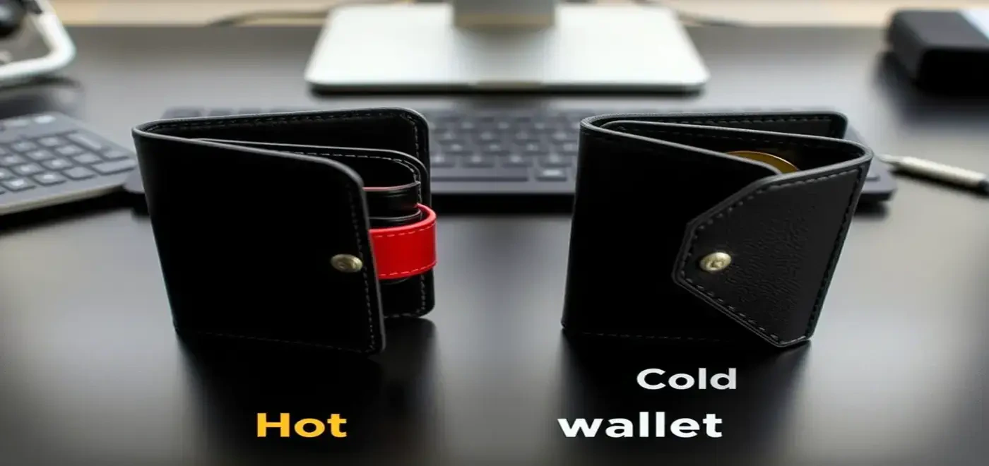 Ein fotorealistisches Bild, das verschiedene Arten von Krypto-Brieftaschen zeigt, einschließlich Hardware-Brieftaschen, mobiler Brieftaschen und Desktop-Brieftaschen mit Symbolen, die sichere Transaktionen darstellen.