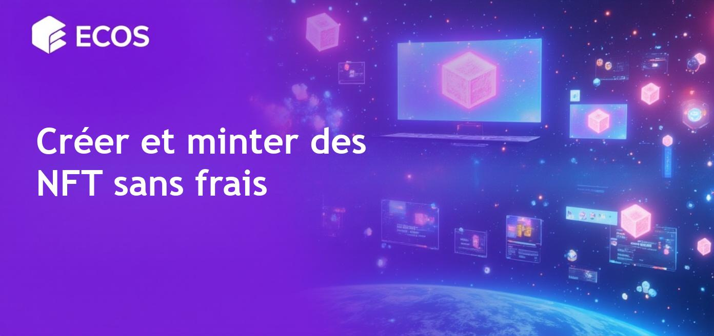 Une représentation d'objets NFT colorés avec des détails art numérique sur fonds de blockchain