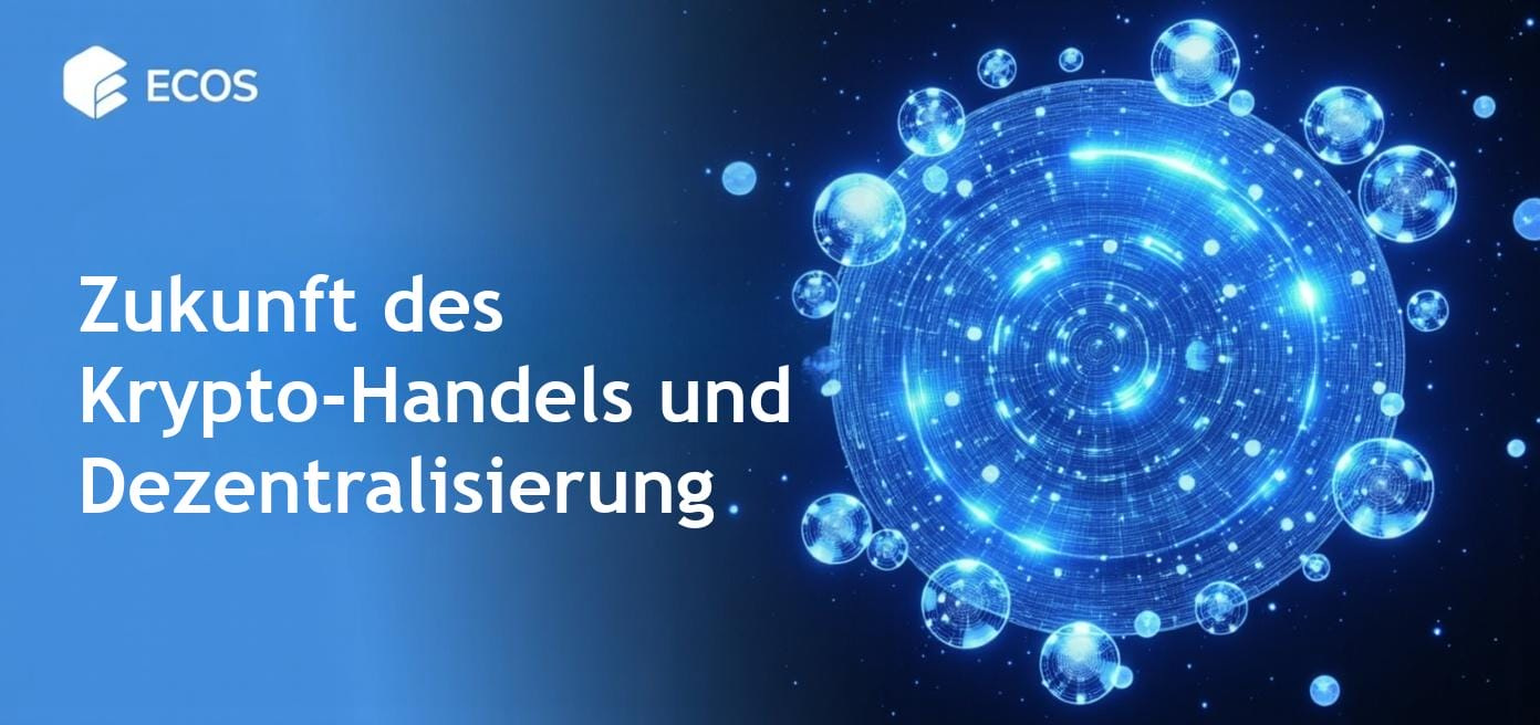 Digitale Darstellung dezentraler Börsen, die den Peer-to-Peer-Handel in einer Blockchain-Umgebung zeigen und DEX-Plattformen sowie DeFi-Konzepte hervorheben.