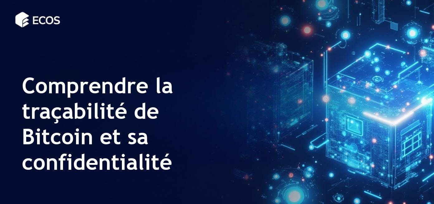 Image montrant les implications de la traçabilité des transactions Bitcoin sur fond de blockchain.