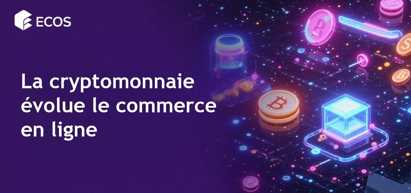 Un paysage de commerce électronique dynamique illustrant divers cryptomonnaies, mettant en évidence le paiement en crypto et les transactions rapides pour les commerçants