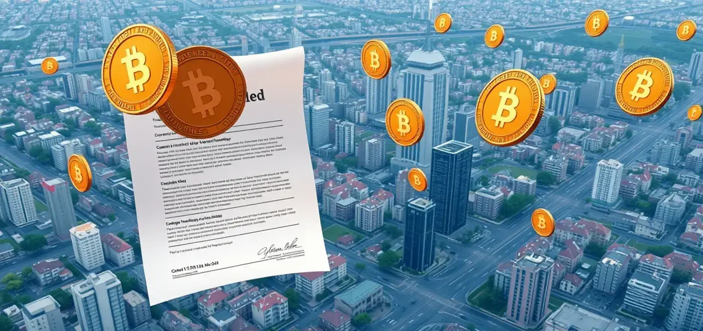 Ein konzeptionelles Bild zur Veranschaulichung der Immobilien-Tokenisierung mit Immobilien-NFTs und Blockchain-Visualisierungen, das digitale Vermögens-Token betont.