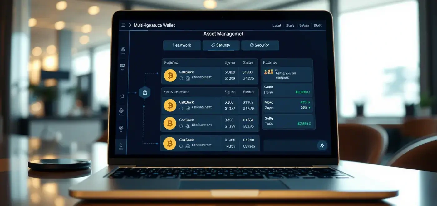 Une interface de portefeuille multi-signature sécurisé sur un dispositif numérique mettant en avant les fonctionnalités de garde d'équipe, soulignant la gestion sécurisée des actifs.