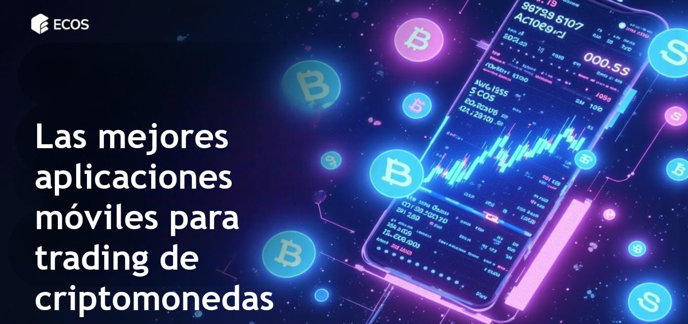 Gráfico que muestra las tendencias de criptomonedas en una interfaz de aplicación móvil, destacando las características de trading en Android e iOS, mostrando divisas digitales vibrantes.