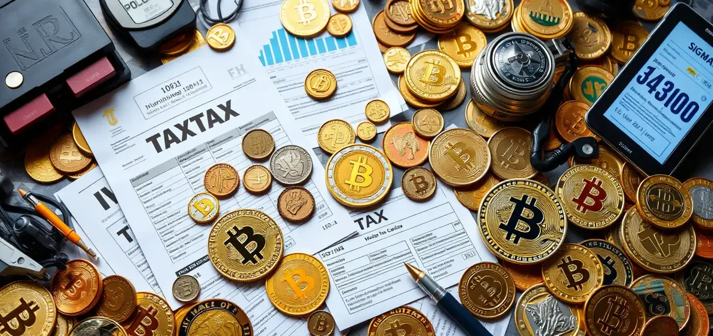 Una colección de monedas de criptomonedas con formularios fiscales, ilustrando la importancia del cumplimiento en los impuestos sobre criptomonedas, incluyendo regulaciones gubernamentales y reporte de ganancias.