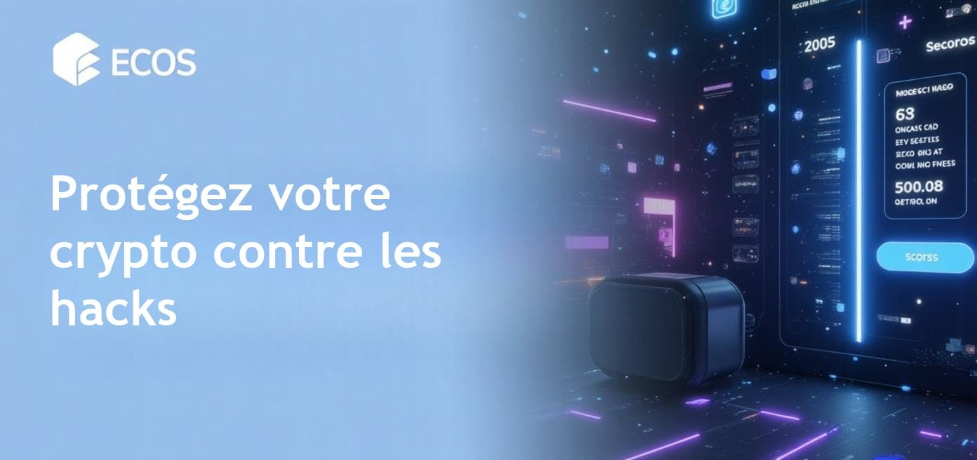 Interface sécurisée d'un portefeuille numérique montrant des mesures de sécurité avancées comme l'authentification 2FA, accompagnée de graphiques d'avertissement de phishing liés aux transactions crypto.