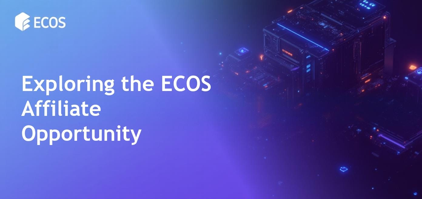 A visual representation of the ECOS affiliate program showcasing cloud mining opportunities with detailed graphics of mining equipment.