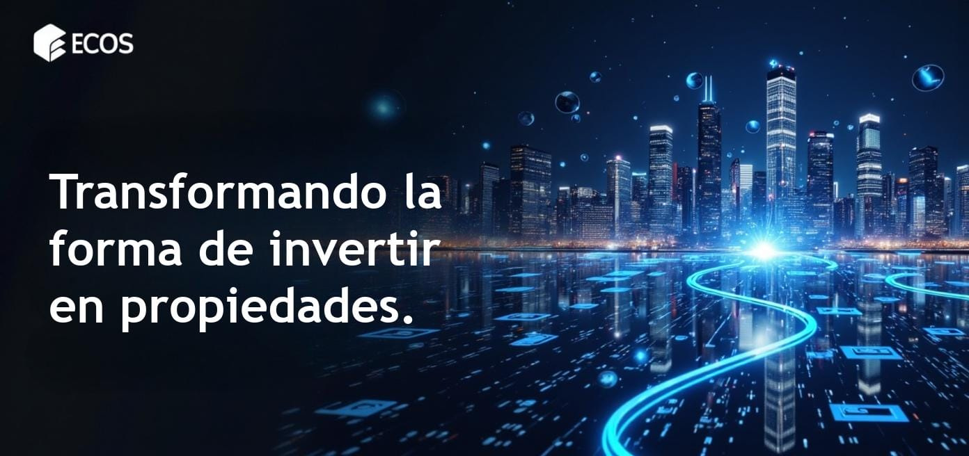 Imagen conceptual que muestra la tokenización de bienes raíces con NFT de propiedades y visuales de blockchain, enfatizando los tokens de activos digitales.