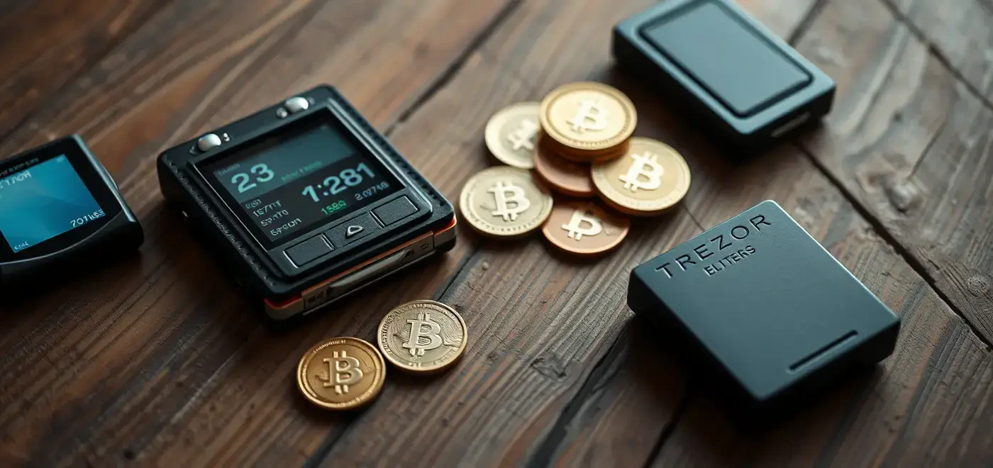 Un portefeuille froid pour le stockage de crypto-monnaies, présentant des dispositifs Trezor et Ledger sur un bureau, représentant des solutions de stockage hors ligne sécurisées.