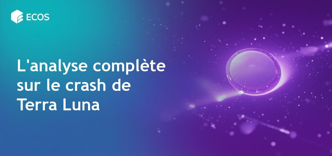 Illustration montrant la montée et la chute de Terra (LUNA) avec des représentations graphiques du crash de Luna, de la dévaluation d'UST et du concept des stablecoins algorithmiques.
