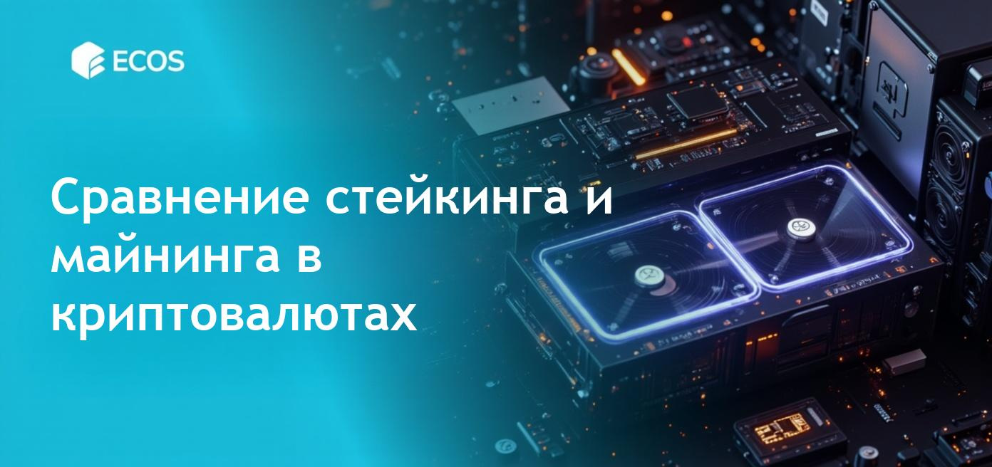 Графика, показывающая различия между стейкингом и майнингом, выделяя вознаграждения за стейкинг и оборудование для майнинга.