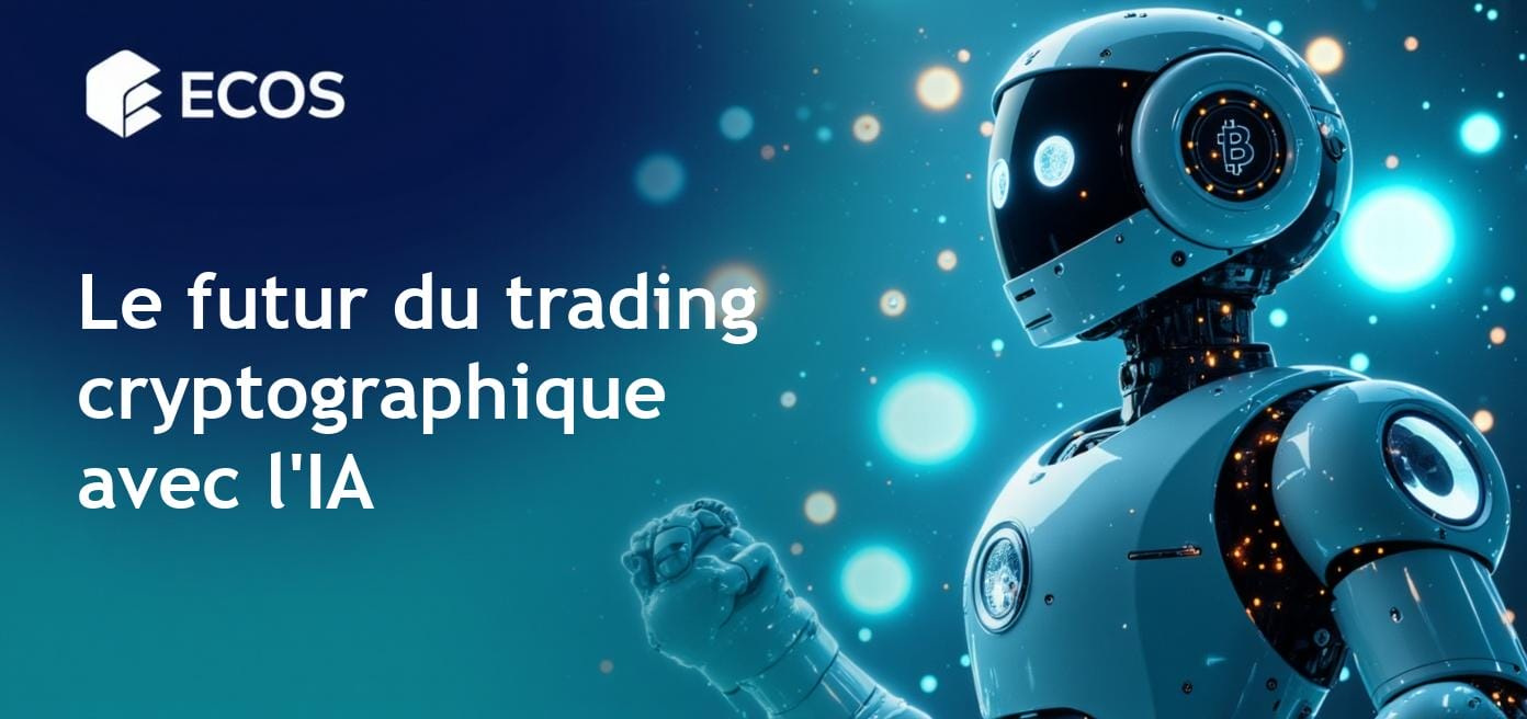 Une représentation futuriste de bots de trading AI analysant les tendances des cryptomonnaies avec des algorithmes avancés et des symboles de monnaie numérique.