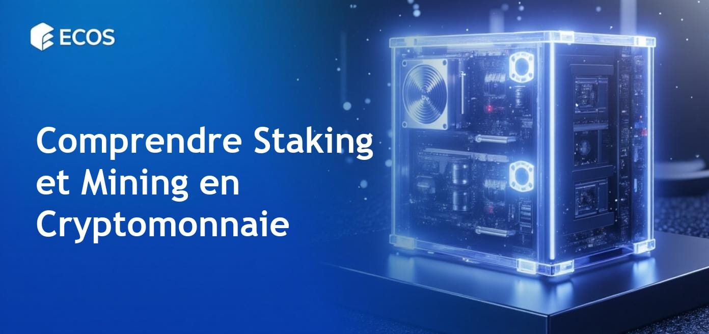 Graphique informatif illustrant les différences entre le staking et le mining de cryptomonnaie, mettant en avant les récompenses de staking et le matériel de mining.