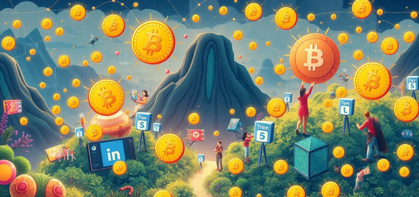 An intricate graphic representing social tokens and the fan economy in social media, highlighting digital currencies and engagement with creators.