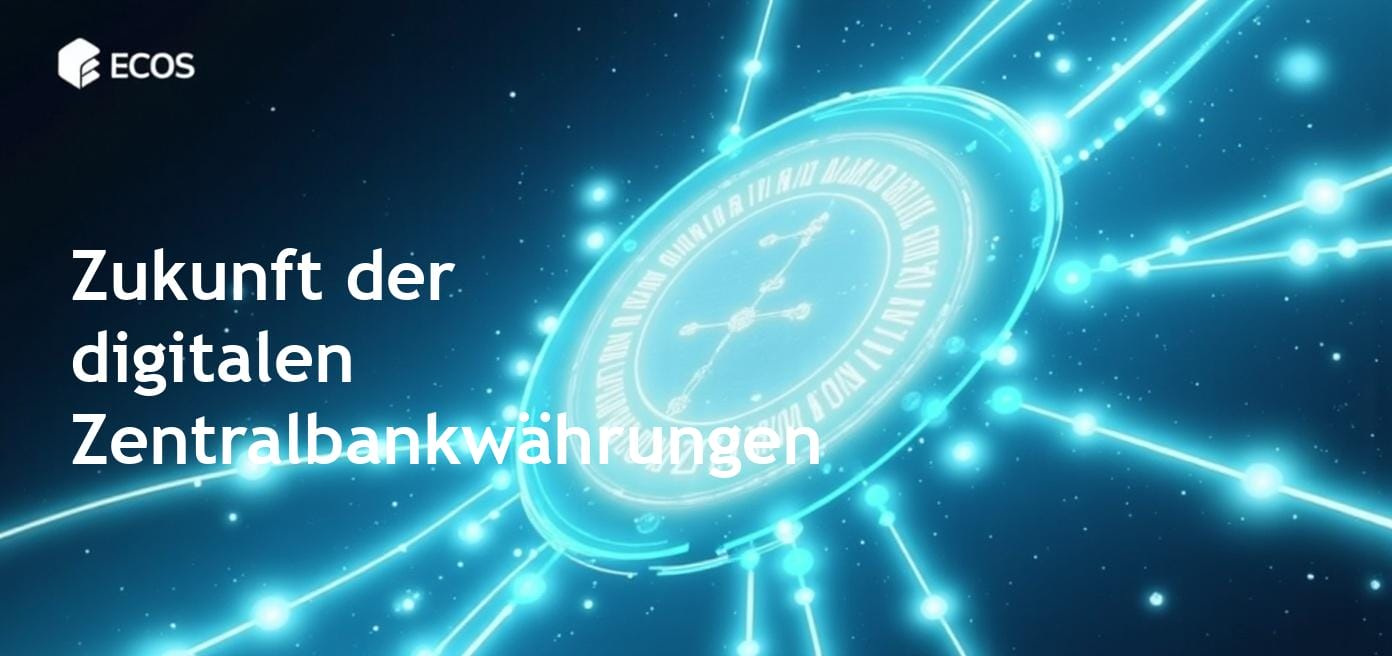 Eine visuelle Darstellung der digitalen Zentralbankwährungen mit Symbolen digitaler Währungen wie CBDC und digitalem Yuan vor dem Hintergrund einer digitalen Finanzwelt.
