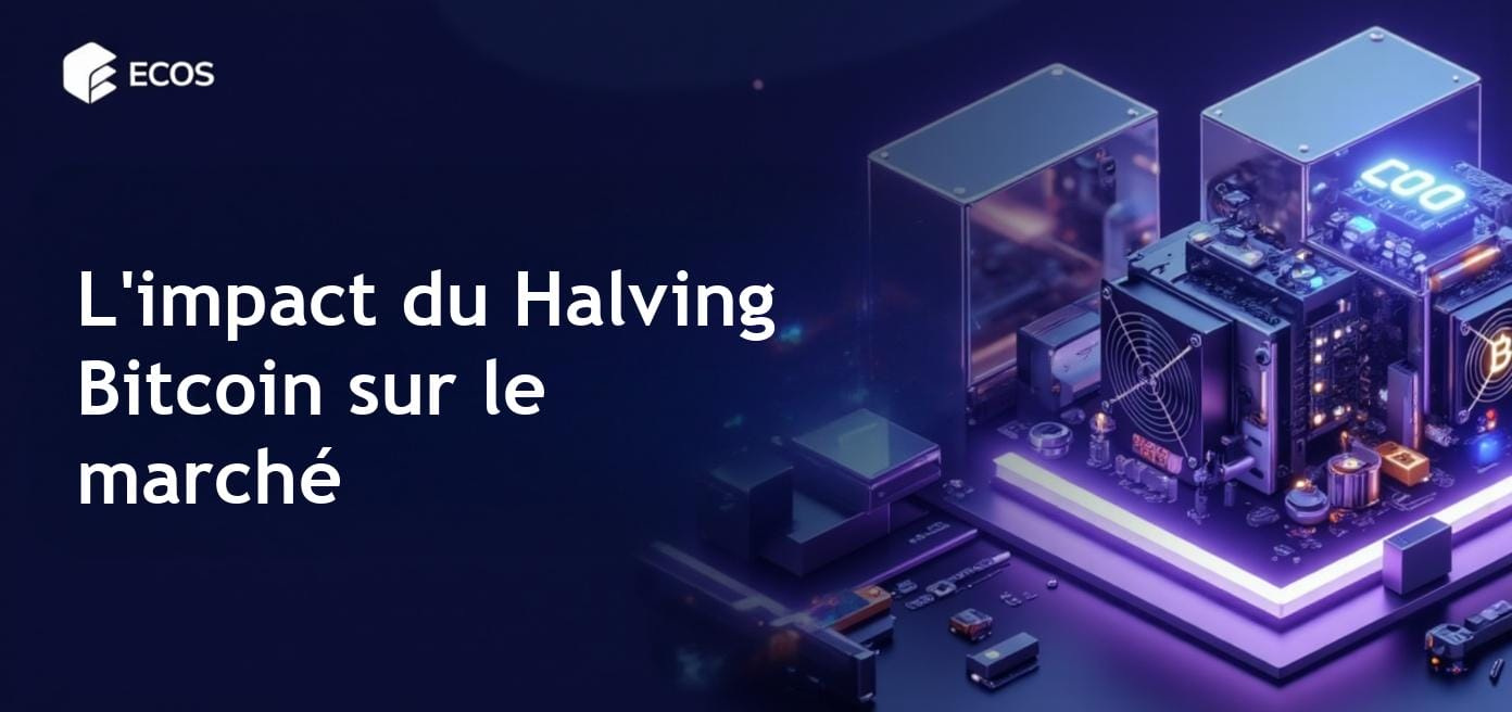 Une illustration montrant des équipements de minage Bitcoin accompagnée d'une représentation visuelle des événements de halving et des récompenses de minage.