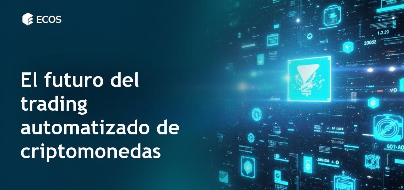 Una representación futurista de los bots de trading de IA analizando tendencias de criptomonedas con algoritmos avanzados y símbolos de monedas digitales.