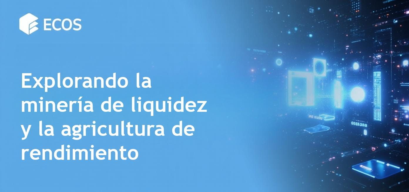 Una infografía que explica la minería de liquidez y la agricultura de rendimiento en DeFi, mostrando proveedores de liquidez y tokens de recompensa.
