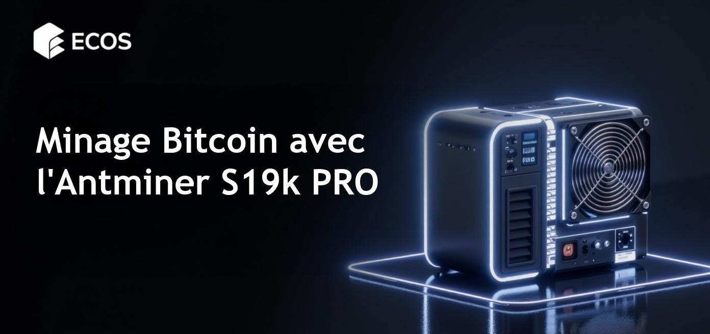Le mineur Antminer S19k PRO avec des éléments de haute technologie et un design industriel.