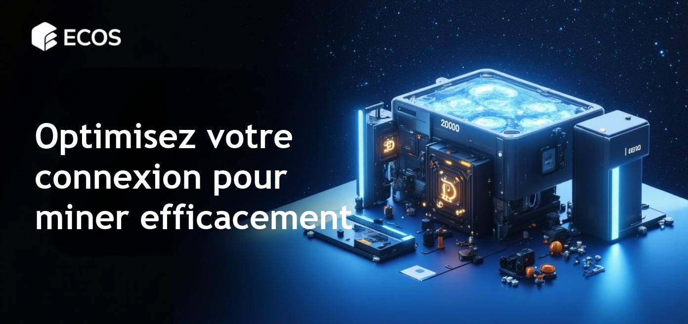 Un mineur de cryptomonnaie connecté à Internet à travers un réseau stable, montrant l'importance des vitesses de connexion pour l'efficacité du minage.