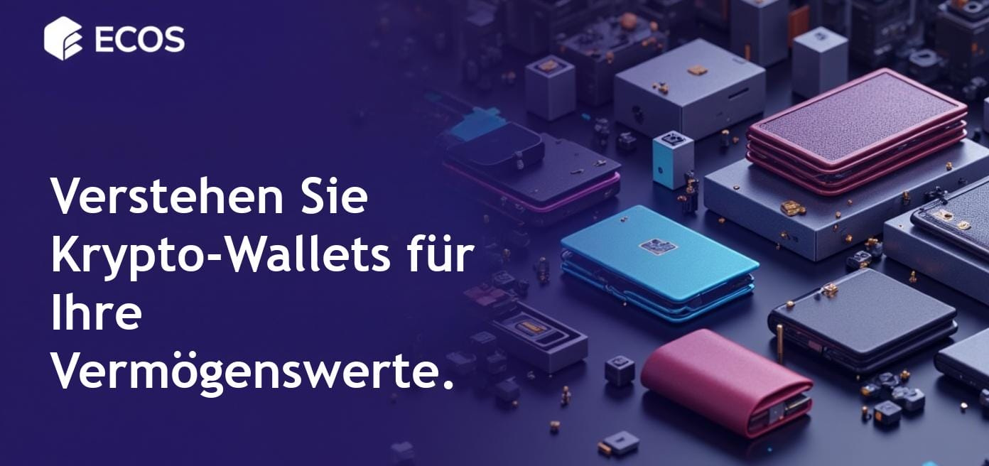 Eine detaillierte Abbildung verschiedener Krypto-Wallet-Typen, einschließlich Hardware-Wallets, Mobile-Wallets und Desktop-Wallets, mit Symbolen, die sichere Transaktionen darstellen.