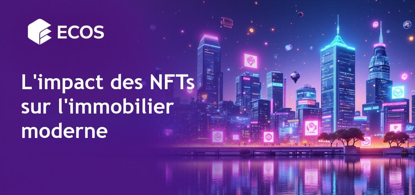 Image montrant diverses applications NFT dans l'immobilier et les affaires, illustrant la propriété numérique avec des certificats numériques et des propriétés virtuelles.