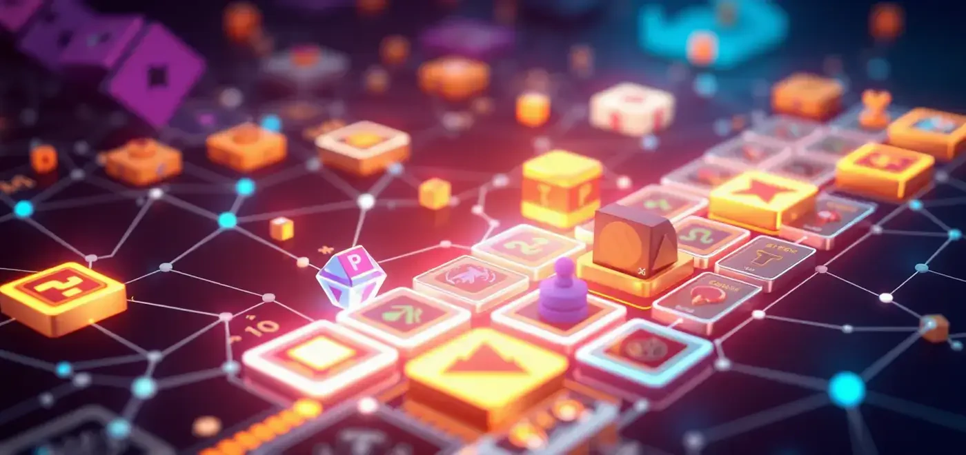 Яркий цифровой ландшафт, демонстрирующий различные игры в формате play-to-earn, с NFT и криптовалютными наградами в среде блокчейна.