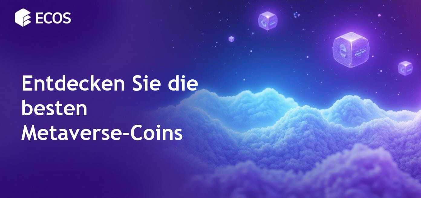 Ein lebendiges Bild, das Kryptowährungen des Metaversums zeigt, einschließlich Sandbox, Mana und Elemente von virtuellem Land in einer digitalen Landschaft.