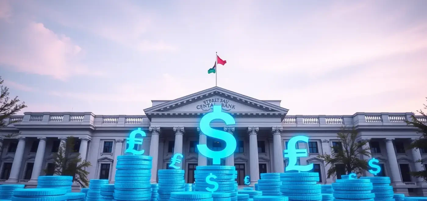 Une représentation visuelle des monnaies numériques des banques centrales avec des symboles de monnaies numériques comme le CBDC et le yuan numérique sur un fond de monde financier numérique.
