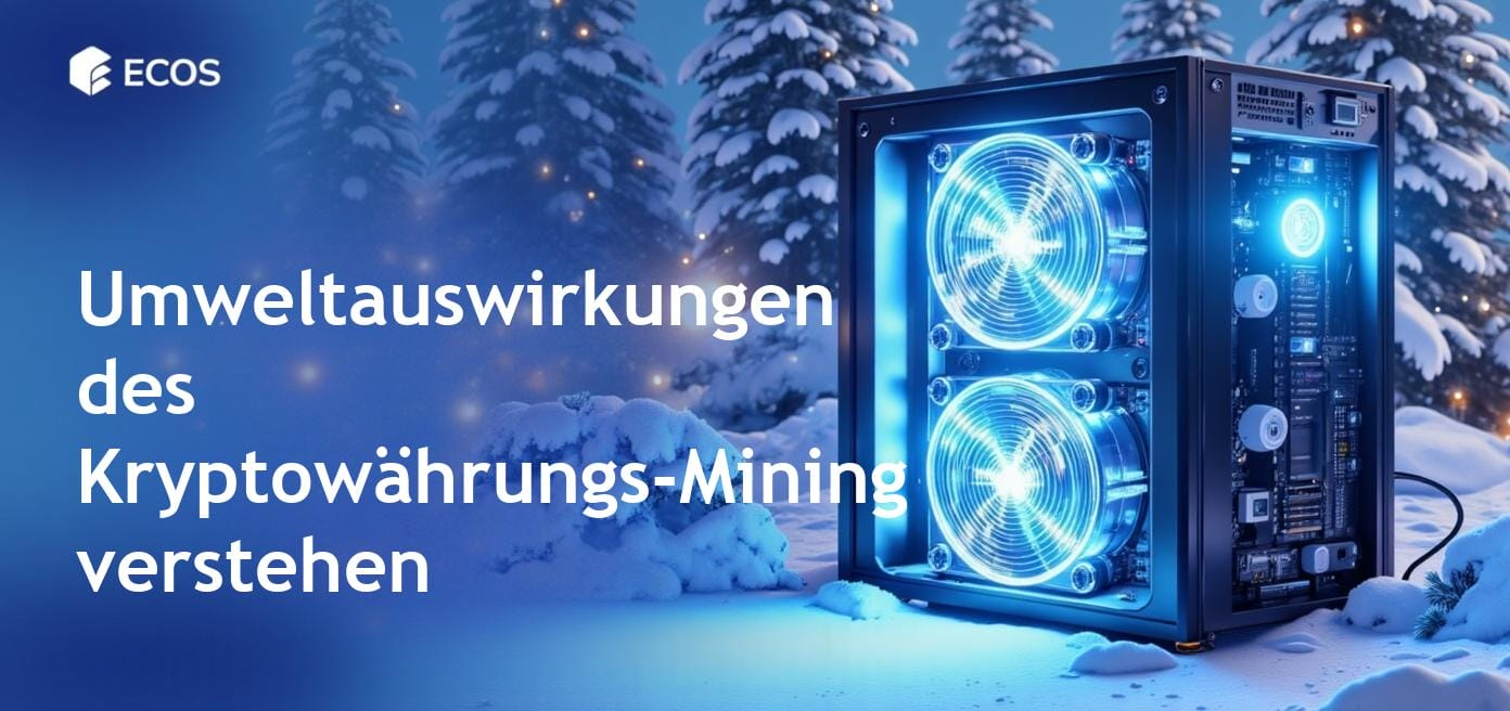 Detaillierte Illustration der Umweltauswirkungen des Kryptowährungs-Mining, die Energieverbrauch und CO2-Emissionen im Zusammenhang mit Mining-Aktivitäten hervorhebt.